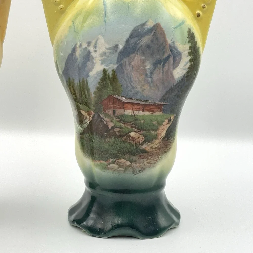 Antique Pair German Porcelain Scenic Mountain Landscape Double Handle Vases 10